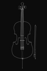 Fototapeta premium A black and white line art drawing of a cello on a dark background, featuring detailed strings and a bow. The elegant instrument stands out with clean, minimalist strokes.