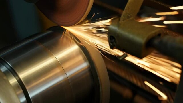 This clip showcases a skilled craftsman operating machinery to produce metal parts. Sparks fly as the material is expertly shaped and finished, highlighting craftsmanship and engineering