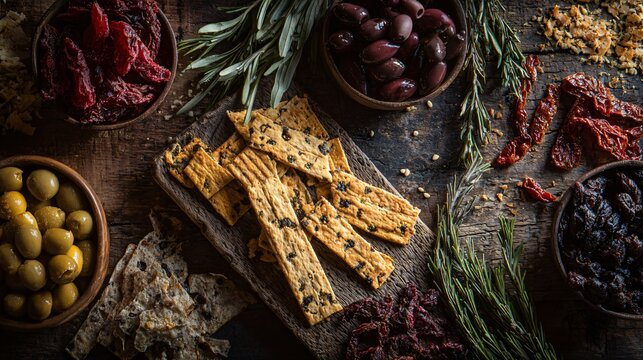Flat lay of artisanal crackers, dried olives, and dry tomatoes for rustic grazing board prep scene - Powered by Adobe
