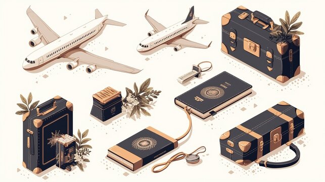 Minimalist travel icon set with essential journey symbols like airplane, suitcase, passport in elegant mono line style. Vacation planning and travel agency branding design.