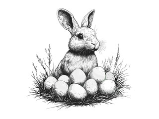 Vintage Easter bunny engraving, spring holiday scene, retro black sketch, hand-drawn festive decor, old engraving style, trendy seasonal motif, rustic hand-crafted illustration, classic holiday design