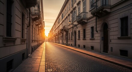 Fototapeta premium Scenic Sunrise in Turin, Italy: Cobblestone Street, Elegant Buildings, and Warm Golden Light Illuminating the Urban Landscape Creating a Picturesque European Scene