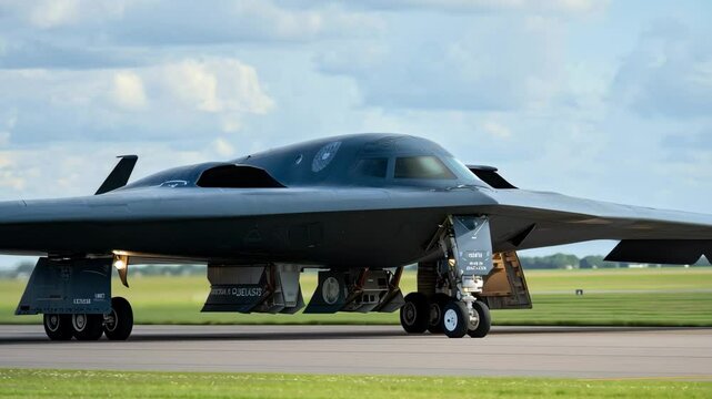 A B-2 Spirit stealth bomber is seen preparing for takeoff at a military airbase. The aircraft showcases its unique design against a backdrop of clear skies and green grass