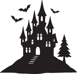 Spooky haunted castle with bats flying overhead and a lone pine tree silhouette