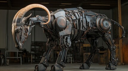 Fototapeta premium Metallic ram sculpture in a workshop, showcasing detailed mechanical parts