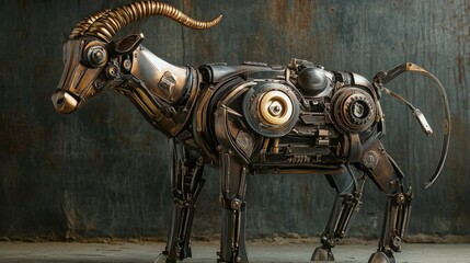 Steampunk goat sculpture with metallic details and mechanical parts