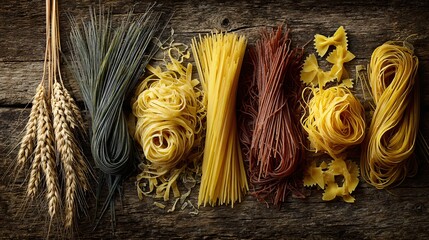 Flat lay of dry pasta varieties on natural wood board, with wheat stalks for accent