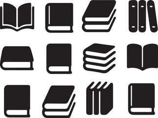 Collection of twelve different book icons in a simple black silhouette style
