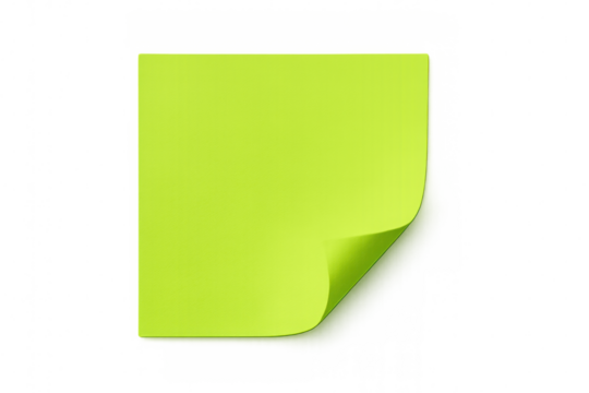 Blank lime green sticky note with curled corner on a transparent background, creating space for text or design