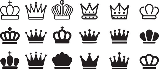 Collection of royal crown icons in a simple silhouette style