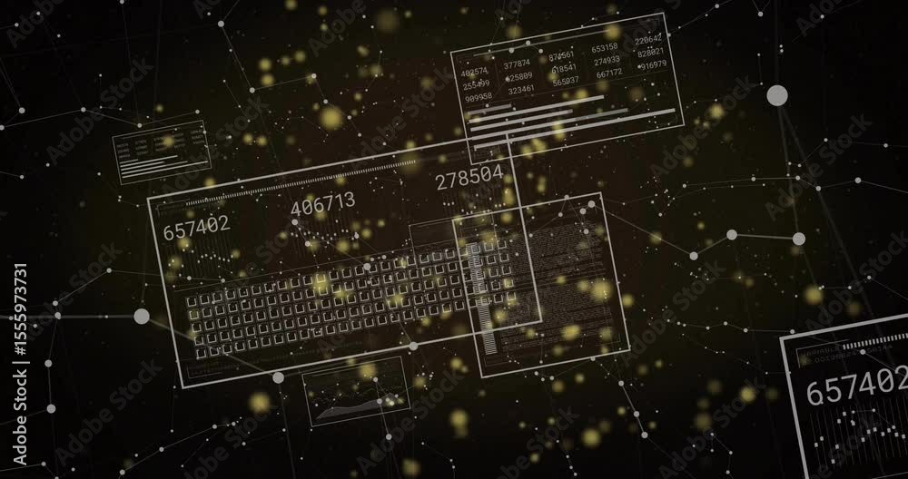Poster on start ui emerging with grid updating, panels updating and particles drifting representing data