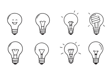 set of different type of 8 pcs Light bulb line art and black color