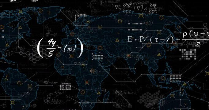 On launch, neon-blue world map expanding with formulas appearing and icons filling map showing data