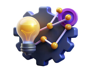 Innovative 3d render of a bright lightbulb idea connected to a gear network symbolizing creative process and strategic planning for business success and technological on transparent background icon