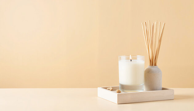 Decorative candle and reed diffuser arranged on a tray with neutral background  