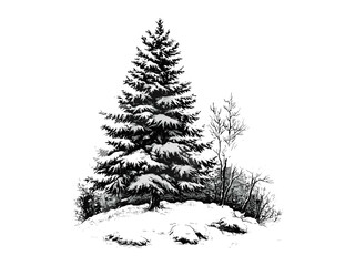 Winter forest illustration, vintage black ink engraving, snow-covered pine tree art, retro seasonal decor, hand-drawn rustic artwork, antique style nature sketch, classic holiday design