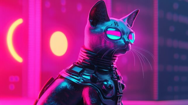Robotic cat with glowing eyes against vibrant neon cityscape