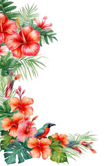 Watercolor tropical floral frame with hibiscus and jungle leaves. Colorful square botanical border for wedding, invitation,  card, summer greeting decorative design and exotic art projects..
