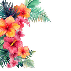 Watercolor tropical floral frame with hibiscus and jungle leaves. Colorful square botanical border for wedding, invitation,  card, summer greeting decorative design and exotic art projects..