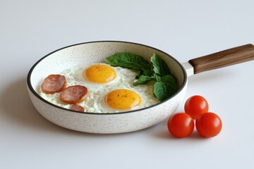 Fried eggs with sausage and basil breakfast