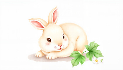 Cute white bunny resting beside green leaf on white background  