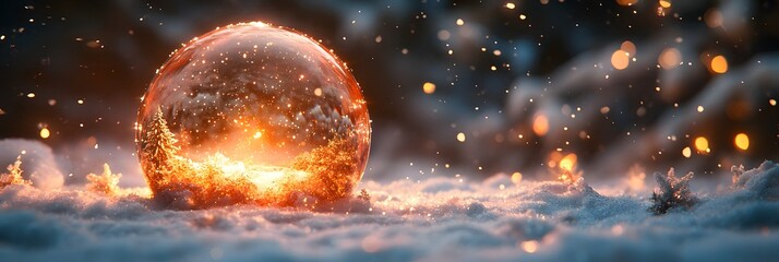 A snow globe with a christmas tree inside sits on a snowy surface with bokeh lights in the background