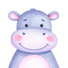 Naklejka premium Charming Hippo Illustration: A delightful watercolor illustration showcases a lovable hippo, its gentle smile and soft colors inviting warmth and joy.