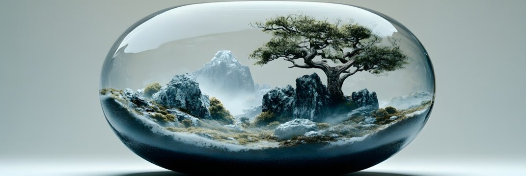 Landscape inside a glass orb featuring a tree mountains and rocks on a white background studio shot