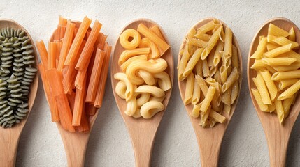 Minimalist flat lay of pasta varieties like fusilli, penne, spaghetti on parchment with wooden spoon
