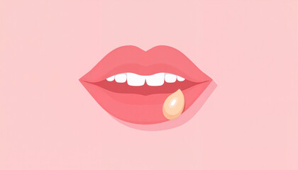 Lips with cosmetic cream drop on pastel pink background  