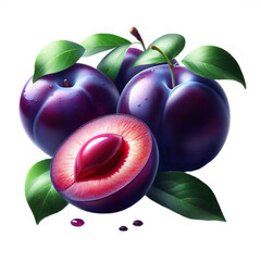  Overhead View of Three Fresh Plums on a Pure White Background — One Whole and Two Halved to Reveal Their Vibrant Red-Purple Flesh, Accented with Bright Green Leaves in a Clean, Crisp, and Elegant 