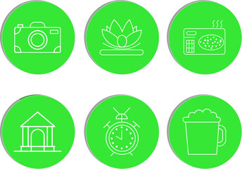 Iconic Circle Set on Green Background: A visually appealing set of thematic icons presented on vibrant green circles, ideal for design projects, app interfaces, and illustrative uses.