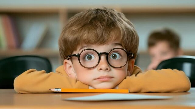 Smart young pupil wearing eyeglasses resting his head on the school desk with a pencil and paper in front of him, looking with curiosity during class time