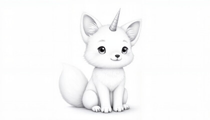 Cute white unicorn fox character sitting on white background  