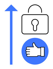 Fototapeta premium Black padlock, blue thumbs-up symbol, and upward arrow in minimalist style. Ideal for security, progress, trust, approval, safeguarding, business growth simple landing page