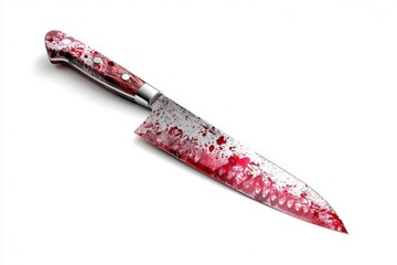 Blood-splattered kitchen knife rests on a clean white background, suggesting a narrative of danger and suspense in a domestic setting during an undefined timeframe