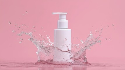White Pump Bottle Above Frozen Water Splash on Pink Background