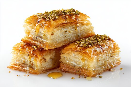 Delicious bint al-sahn pastry with honey and seeds served on a white background for desserts and sweet treats