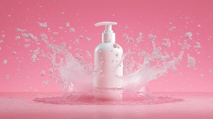 White Pump Bottle Above Frozen Water Splash on Pink Background