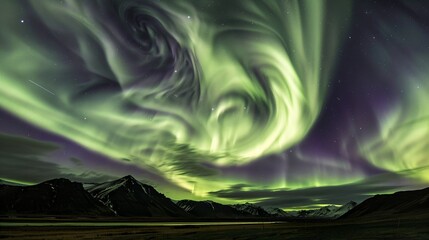 creating a mystical and dreamlike atmosphere Surreal night sky with emerald and violet auroras with vibrant colors and dramatic natural beauty, evoking wonder, imagination, and the magic of the cosmos