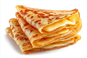 Delicious cachapa pancake filled with gooey cheese, showcased against a clean white background, perfect for food lovers seeking Venezuelan flavors