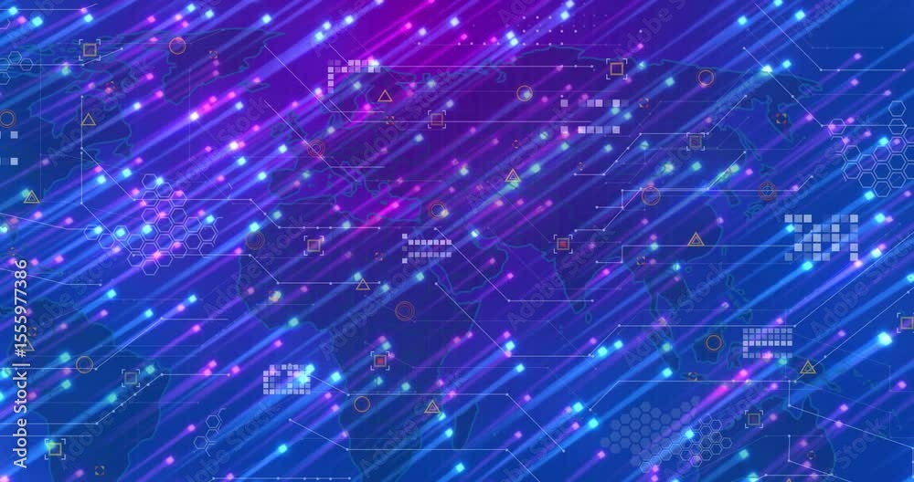 Poster animation starting purple diagonal streaks streaming, linking map clusters showing global data flow