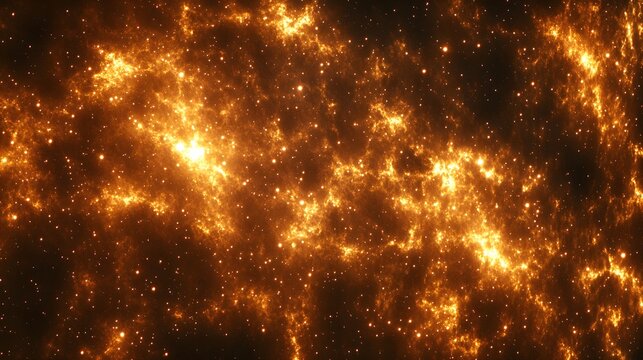 A vivid depiction of a cosmic nebula with bright orange and yellow hues and scattered stars visible