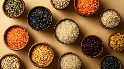Top-down view of neatly arranged dry lentils, beans, and rice in small ceramic bowls, minimalist beige background