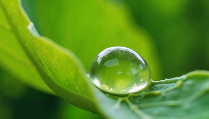 Dew drop resting on green leaf under natural sunlight  