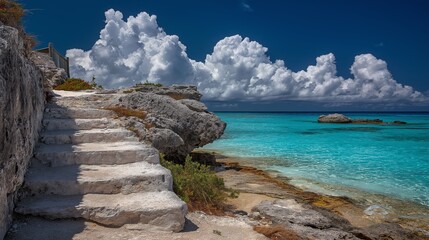 White Sand Steps Leading to a Turquoise Ocean Under a Bright Blue Sky with Fluffy Clouds