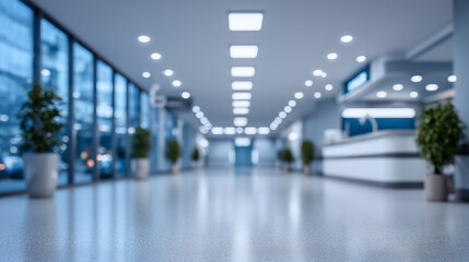 Abstract blurred hospital interior with soft lighting and medical equipment.