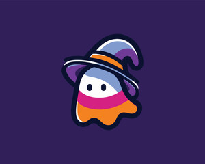 Cute cartoon ghost wearing a wizard hat