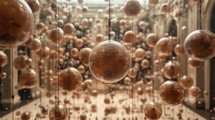 Many globes hang in a hall