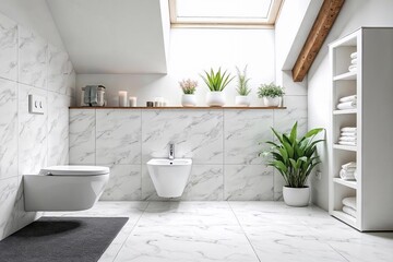 Helles Badezimmer mit Marmorfliesen, Dachfenster, Pflanzen und modernen Sanitärelementen im Tageslicht
